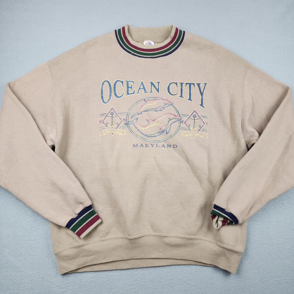 Vintage Jerzees Sweatshirt Mens L Beige Fleece Crewneck Ocean City Maryland Y2K